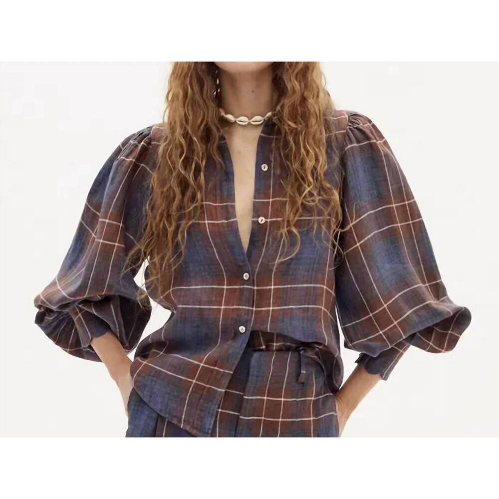 NEW LANHTROPY camille linen shirt in hazelnut checks - Picture 4 of 4